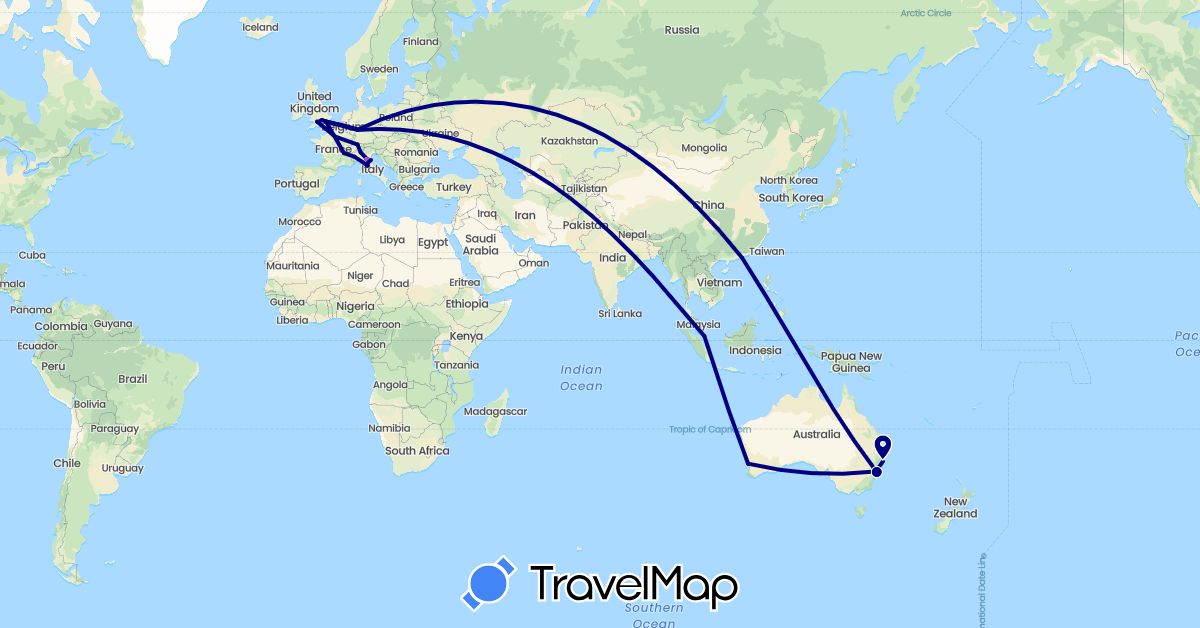 TravelMap itinerary: driving, train in Australia, Switzerland, China, Germany, France, United Kingdom, Italy, Singapore (Asia, Europe, Oceania)